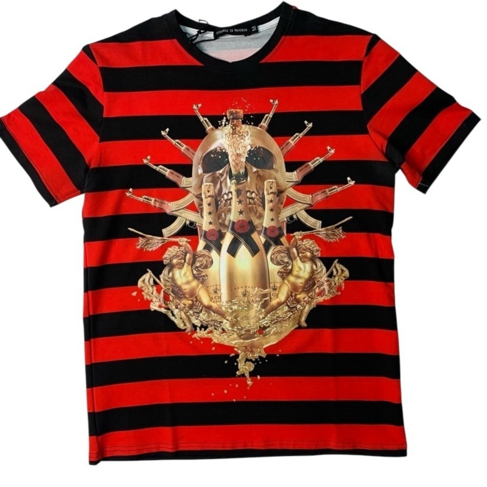 Sz M Streetz iz watchin Red and Black Striped T-Shirt with Gold Graphic